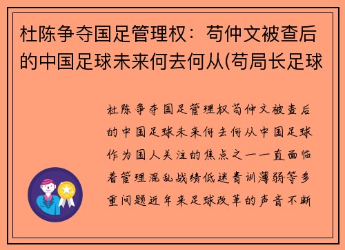 杜陈争夺国足管理权：苟仲文被查后的中国足球未来何去何从(苟局长足球)