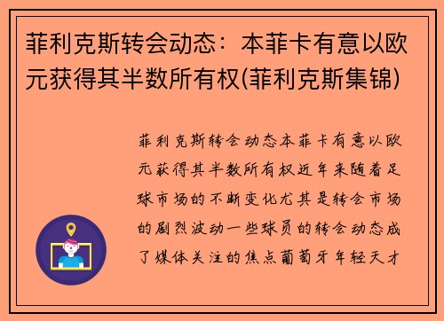 菲利克斯转会动态：本菲卡有意以欧元获得其半数所有权(菲利克斯集锦)